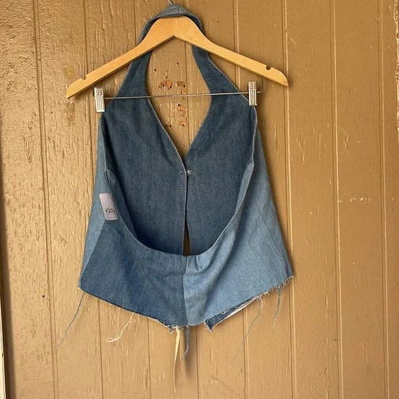 Free People X Tricia Fix repurposed Blue Denim Halter Top